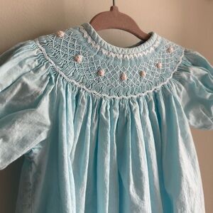 Vintage Strasburg Children Blue Smocked Bishop Dress - Pink Bullion Roses